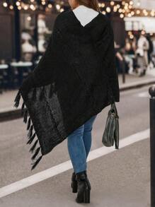 SHEIN LUNE 大碼流蘇邊蝙蝠袖不對稱下擺斗篷毛衣 - 黑色 - 查看 2