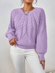 EMERY ROSE Cable Knit Lantern Sleeve Knit Pullover Fall Winter Sweater - Mauve Purple - View 4