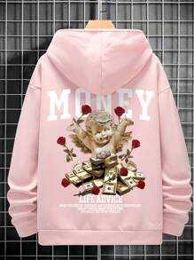 Manfinity EMRG 男士标语与雕塑印花落肩抽绳连帽衫，粉色连帽衫，男士连帽衫，图案连帽衫 - 粉色 - 查看 3