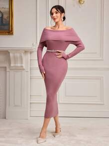 Modelyn Foldover Off Shoulder Sweater Dress Without Belt Fall Cloth For Women - Dusty Pink - View 1