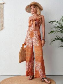 SHEIN VCAY 印花前打結抹胸上衣&闊腿褲 - 橘色 - 查看 3