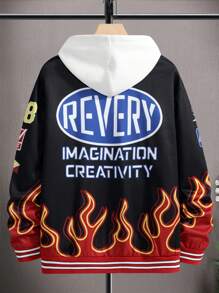 Manfinity EMRG 男士火和字母圖案條紋飾邊學院風夾克無連帽衫 - 黑色 - 查看 2