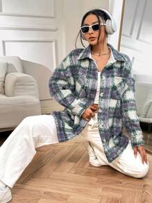 SHEIN Unity Plaid Print Drop Shoulder Overcoat Fall Cloth For Women - Multicolor - View 6