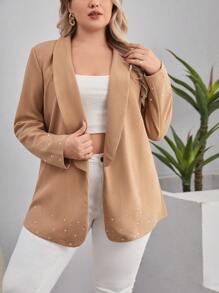 SHEIN Privé Plus Rhinestone Shawl Collar Open Front Blazer - Khaki - View 5