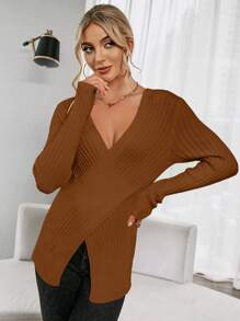 SHEIN Clasi Crossover Ribbed Knit Pullover Fall Winter Sweater - Brown - View 3
