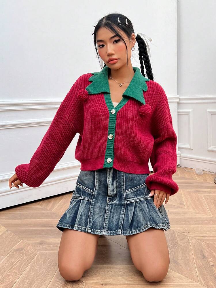 Contrast Collar Drop Shoulder Cardigan