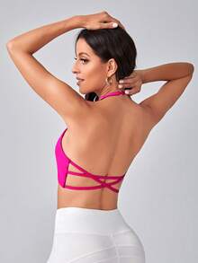 SHEIN Yoga Sxy Chất rắn Thánh giá Không lưng Bras thể thao - Màu Hồng Tươi - Xem 4