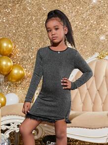 Cô gái Tween Trang trí Fuzzy Long lanh Đồ đan Ribbed Đầm - màu đen - Xem 1