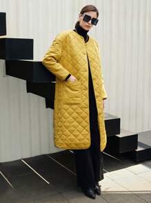 BizChic Dual Pocket Drop Shoulder Quilted Coat - Yellow - View 7
