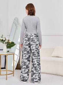 SHEIN Teen Girl Solid Tee & Camo Print Wide Leg Pants - Light Grey - View 2