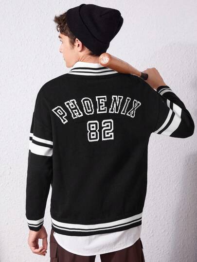 SHEIN Teenagers' Casual Loose Fit Striped Letter Printed Long Sleeve Sweater