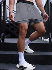 Manfinity Sport Corelite Boyfriend Style Men Letter Graphic Sports Shorts, Grey Shorts Gym Shorts Jogger Shorts - Grey - View 3