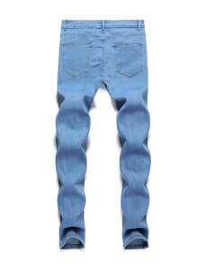 Manfinity Homme Jeans strappati monocolore da uomo, jeans slim fit in lavaggio blu scuro reale lavorato, jeans da carico lavato, adatti come regalo per marito o fidanzato