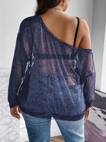 SHEIN Franclia Hơn Cổ không đối xứng Thả vai Lưới Áo nỉ Không có áo ngực - Xanh đậm - Xem 2
