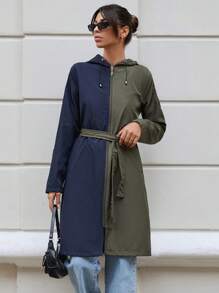 EURMUSE Two Tone Zip Up Drawstring Hooded Coat - Khaki - View 3