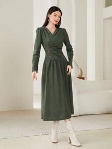Modelyn 素色抽褶腰A字洋裝 - 軍綠色 - 查看 6