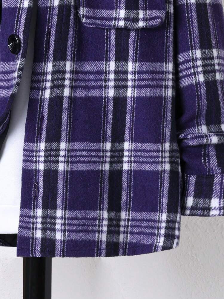 Tween Boy Plaid Print Flap Pocket Overcoat Without Hoodie