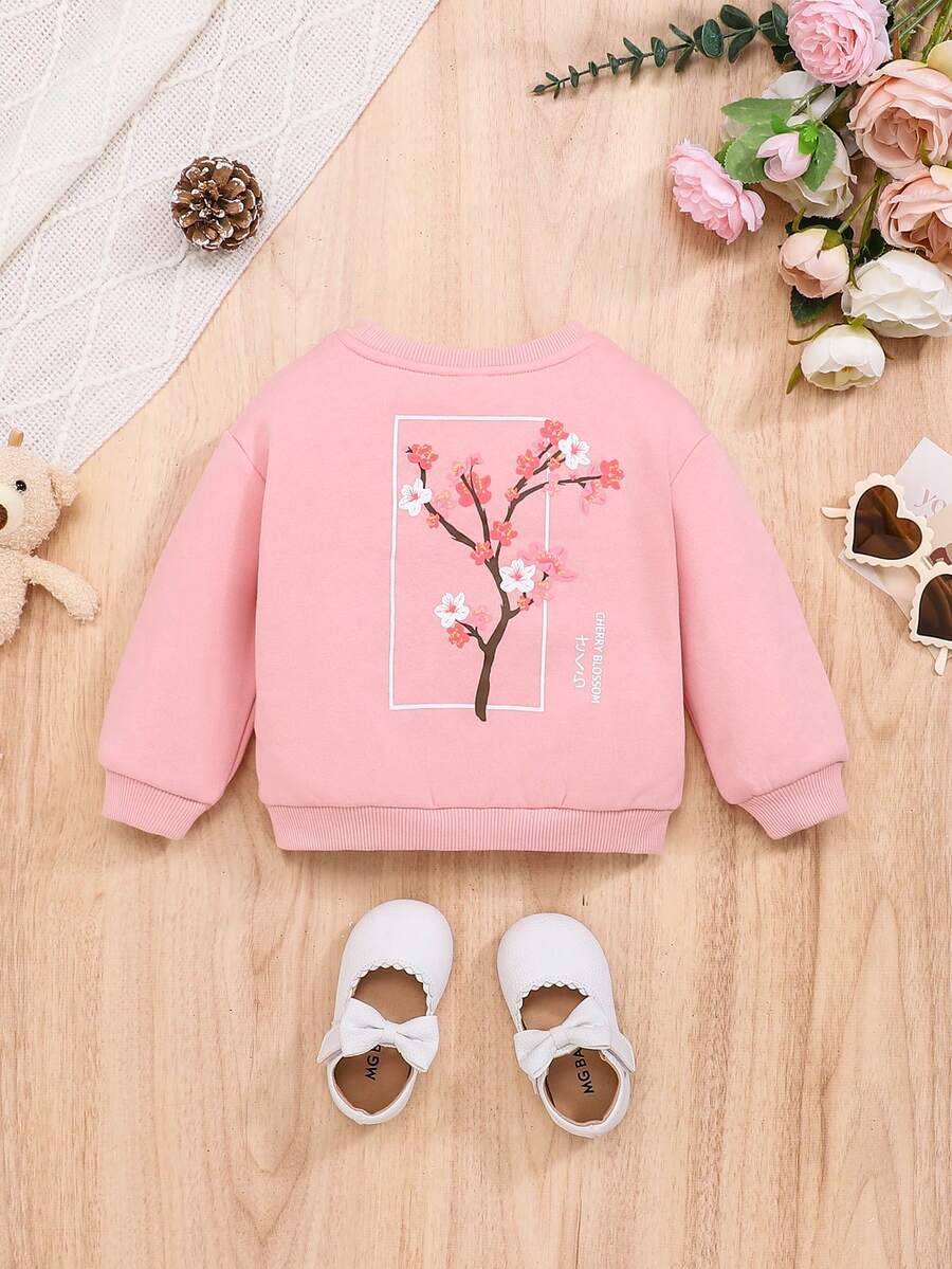 SHEIN 女嬰花和標語圖案運動衫 - 粉色 - 查看 1