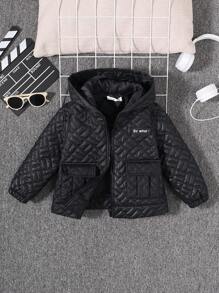 SHEIN Young Boy Letter Patched Flap Pocket Hooded Quilted Coat Without Sweater - Green - View 3