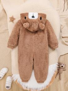 SHEIN Baby Boy Two Tone Cartoon Embroidery 3D Ears Design Hooded Teddy Jumpsuit - Khaki - View 2