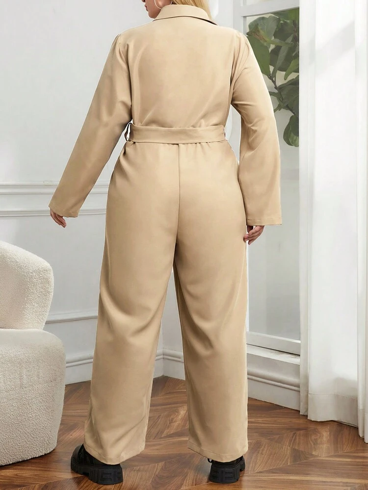 Plus Flap Detail Belted Shirt Jumpsuit