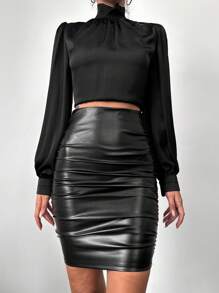 高腰褶邊皮革外觀包臀半身裙 - 黑色 - 查看 3