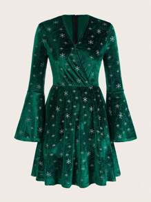 SHEIN Clasi Natal Impressão De Floco De Neve Manga De Sino Veludo Vestido - Verde escuro - Ver 5