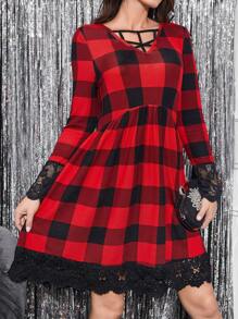 SHEIN Clasi 格紋印花拼接蕾絲下擺洋裝 - 彩色 - 查看 5