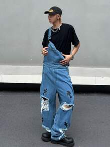 Manfinity Pantalones De Mezclilla Anchos De Pierna Ancha Para Hombre Rasgados Y Desgastados Con Patrón Cruzado Y Tamaño Grande - Lavado ligero - Ver 5