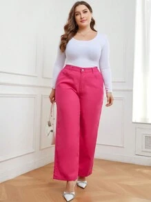 SHEIN LUNE Plus High Waist Wide Leg Jeans - Hot Pink - View 5