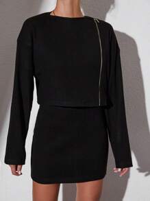 EURMUSE Waterfall Collar Drop Shoulder Jacket & Bodycon Skirt - Black - View 6