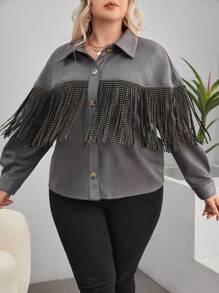 SHEIN LUNE Plus Fringe Trim Drop Shoulder Suedette Jacket - Grey - View 5