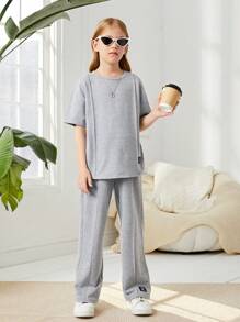 SHEIN Tween Girl Letter Patched Detail Tee & Pants - Light Grey - View 3