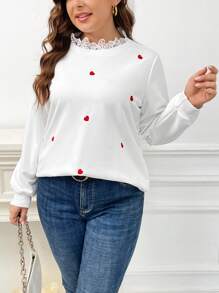 SHEIN Frenchy 大碼愛心圖案鏤空蕾絲花邊運動衫 - 白色 - 查看 1