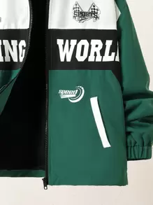 SHEIN Tween Boy Letter Graphic Two Tone Zip Up Coat - Green - View 3