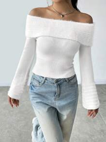 SHEIN Unity Gấp lại Off Shoulder Đồ đan Ribbed Áo len - trắng - Xem 6