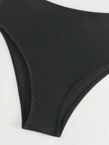 SHEIN Swim Women's Solid Color Lace Trim Twist Front Bikini Set - Black - View 3