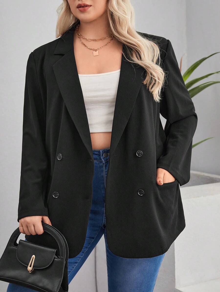 SHEIN Frenchy 大碼西裝領雙排釦西裝外套 - 黑色 - 查看 1