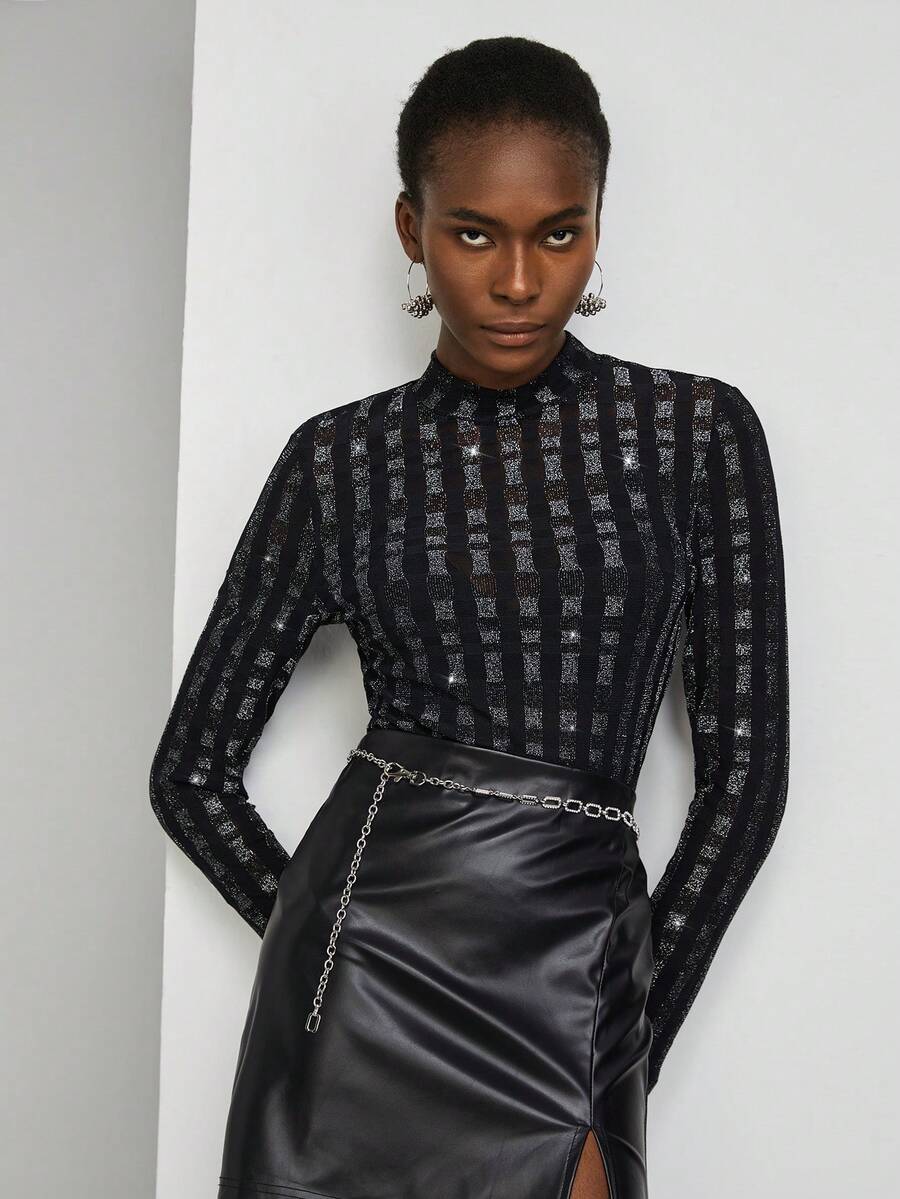 Maija 條紋小高領上衣 - 黑色 - 查看 1