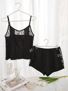 طقم بيجامات / طقم بيجامات بإدراج شبكي - الأسود - مشاهدة 1