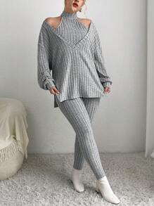 SHEIN Essnce Plus Plunging Neck Split Hem Tee & Halter Top & Leggings