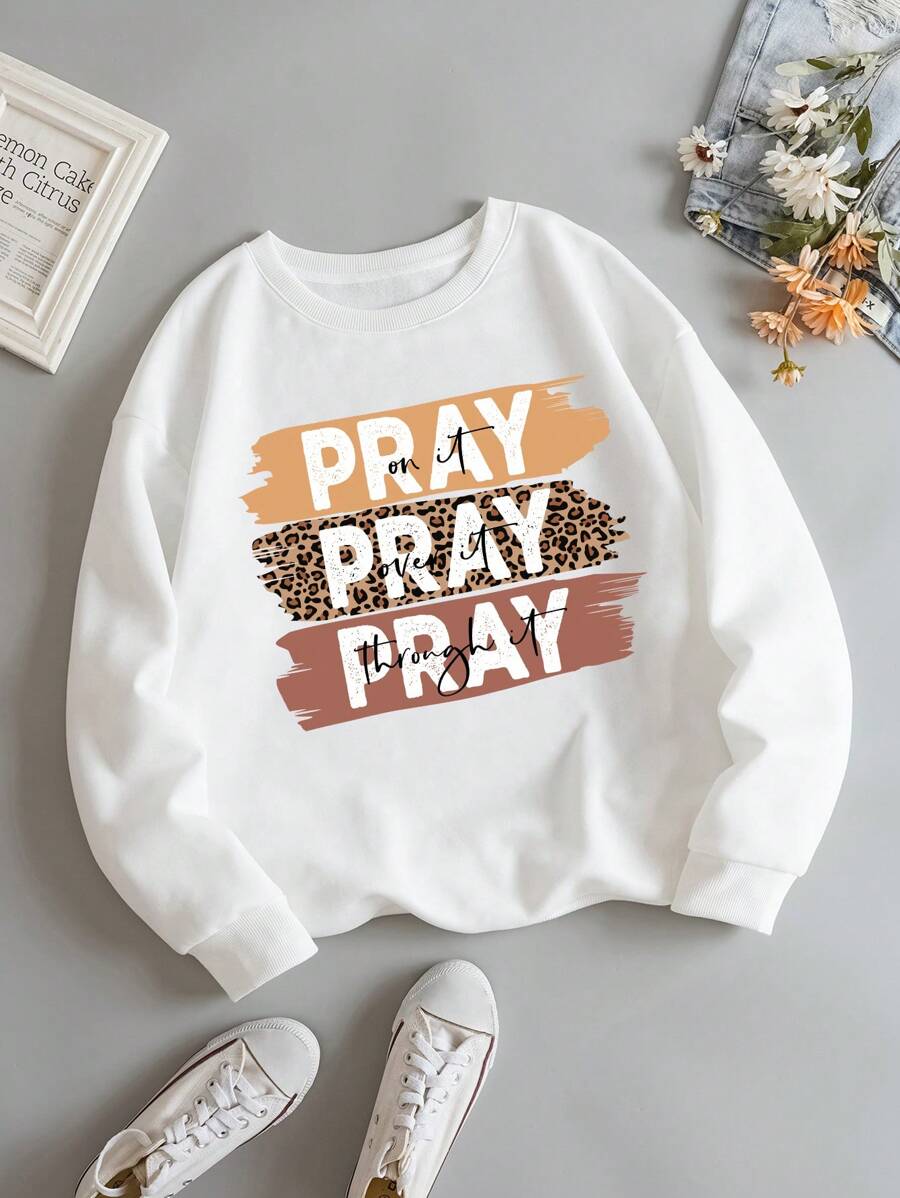 SHEIN EZwear Hơn Đồ họa Khẩu hiệu Lót nhiệt Áo nỉ - trắng - Xem 1