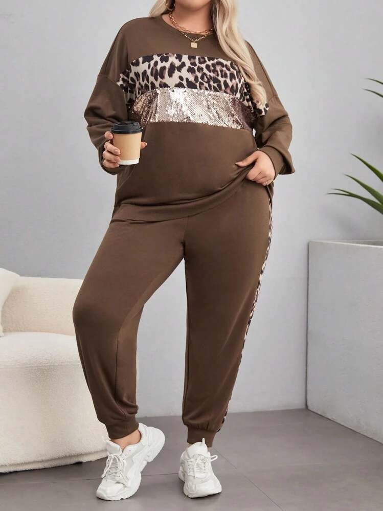 SHEIN LUNE Talla grande Pantalones deportivos con sudadera con estampado de leopardo de hombros caídos - Óxido marrón - Añade 2