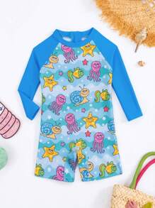 Baby Boy Cartoon Graphic Zipper Back One Piece Swimsuit - Multicolor - View 1