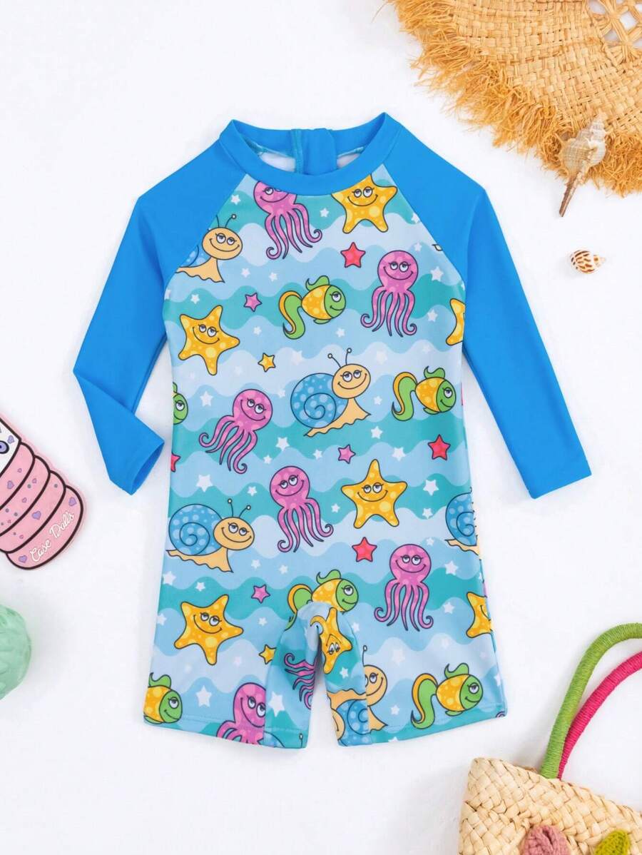 Baby Boy Cartoon Graphic Zipper Back One Piece Swimsuit - Multicolor - View 1