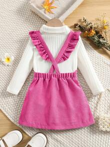 SHEIN Young Girl Turtleneck Tee & Ruffle Trim Suspender Skirt - White - View 2