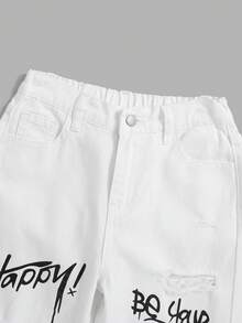 SHEIN 男大童字母和卡通圖案破洞牛仔褲 - 白色 - 查看 3