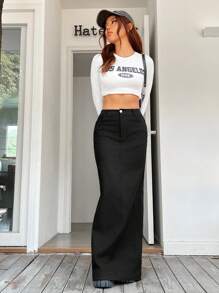 SHEIN EZwear Solid Maxi Straight Leg Skirt - Black - View 5