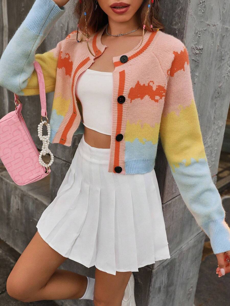 SHEIN Unity 撞色插肩袖前紐扣開襟衫 - 彩色 - 查看 1