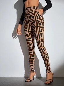 SHEIN Tall Geo Print Slant Pocket Leggings - Khaki - View 1